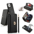 For iPhone 15 Pro Max MagSafe Crossbody Multi-functional Zipper Wallet Litchi Leather Phone Case(Bla