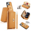 For iPhone 15 Plus MagSafe Crossbody Multi-functional Zipper Wallet Litchi Leather Phone Case(Orange