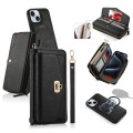For iPhone 15 MagSafe Crossbody Multi-functional Zipper Wallet Litchi Leather Phone Case(Black)