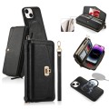 For iPhone 14 Plus MagSafe Crossbody Multi-functional Zipper Wallet Litchi Leather Phone Case(Black)
