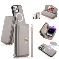 For iPhone 14 Pro Max MagSafe Crossbody Multi-functional Zipper Wallet Litchi Leather Phone Case(Gre