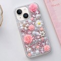 For iPhone 15 Rose Hand-set Diamond PC Phone Case(Pink)