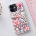 For iPhone 12 Rose Hand-set Diamond PC Phone Case(Pink)