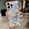 For iPhone 15 Pro Rose Hand-set Pearl Diamond PC Phone Case(Blue)