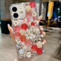 For iPhone 15 Plus Rose Hand-set Pearl Diamond PC Phone Case(Red)