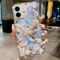 For iPhone 14 Plus Rose Hand-set Pearl Diamond PC Phone Case(Blue)