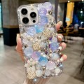 For iPhone 14 Pro Max Rose Hand-set Pearl Diamond PC Phone Case(Blue)
