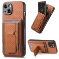 For iPhone 14 Carbon Fiber Fold Stand Elastic Card Bag Phone Case(Brown)