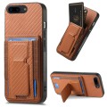For iPhone 7 Plus / 8 Plus Carbon Fiber Fold Stand Elastic Card Bag Phone Case(Brown)