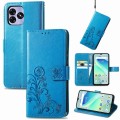 For UMIDIGI G5 Four-leaf Clasp Embossed Buckle Leather Phone Case(Blue)