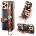 For iPhone 15 Pro Stereoscopic Flowers Wristband Card Bag Phone Case(Black)