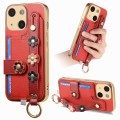 For iPhone 14 Stereoscopic Flowers Wristband Card Bag Phone Case(Red)