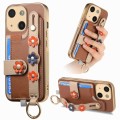 For iPhone 14 Plus Stereoscopic Flowers Wristband Card Bag Phone Case(Brown)