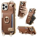 For iPhone 15 Pro Max Fashion Ring Card Bag Phone Case with Hang Loop(Brown)