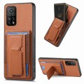 For Xiaomi Mi 10T Pro Carbon Fiber Fold Stand Elastic Card Bag Phone Case(Brown)