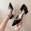 Pointed Toe Chunky Heel High Heels Single Shoes Women Buckle Sandals, Size: 35(Black)