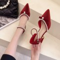 Pointed Toe Chunky Heel High Heels Single Shoes Women Buckle Sandals, Size: 35(Wine Red)