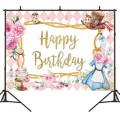 210 x 150cm Pink Flowers Cake Cartoon Birthday Background Cloth Birthday Decoration Banner Hanging F