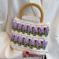 Homemade Tulip Hand Knitting Bag Cloth Strip Line DIY Material Kit With Pearl Shoulder Strap(Beige x