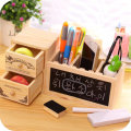 Wooden Pen Holder Pencil Container with 2 Layers Drawer Small Blackboard Student Organizer School Of