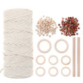 Natural Macrame Cord 3mm Cotton Cord with 8pcs Wood Ring and 2 Wooden Stick for DIY Craft Braided Wi