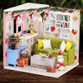 Wooden Living Room DIY Handmade Assemble Doll House Miniature Furniture Kit Education Toy with LED L