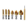 Drillpro 6-19mm Countersink Drill Bit with Automatic Center Pin Punch 5 Flutes Hex Shank Titanium Co