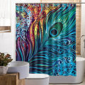 Peacock Feather Bathroom Shower Curtain Polyester Fabric Printed Waterproof Bath Curtain With 12 Ho