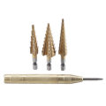 Drillpro 4pcs HSS Titanium Coated Step Drill Bit with Automatic Center Pin Punch 3-12/4-12/4-20mm St