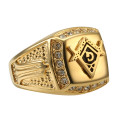 Fashion Gold Titanium Steel Finger Ring Rhinestone Free-Mason Logo Jewelry Gift for Men
