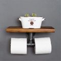 Double Toilet Paper Holder Urban Industrial Iron Pipe Wall Mount with Wood Shelf Paper Shelf Holder