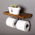 Double Toilet Paper Holder Urban Industrial Iron Pipe Wall Mount with Wood Shelf Paper Shelf Holder