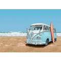 1966 Volkswagen Bus with surfboard at the beach