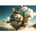 Airship In Sky With Clouds Steampunk Style.