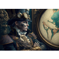A Portrait Of An Attractive Steampunk Style Woman Standing Near a Big Map On The Wall With Mechan...
