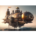 Concept Of a Large Flying Machine Sailing In The Sea In Steampunk Style