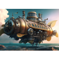 Concept Of a Large Flying Machine Sailing In The Sea In Steampunk Style