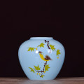 Modern Blue Ceramic Vase Set of Three With Hand Painted Bird Art