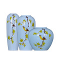 Modern Blue Ceramic Vase Set of Three With Hand Painted Bird Art