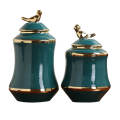Modern Set of 2 Vases Turquoise With Gold Bird Lid B-19