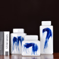 Modern White Ceramic Holder With Abstract Hand Crafted Blue Pattern JM0041