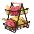 2-Levels Fruits and Vegetable Storage Basket Rack With Wooden Handle