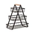 3-Levels Fruits and Vegetable Storage Basket Rack With Wooden Handle