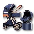Multi-Functional 3 in 1 High Eggshell Pram and Folding Baby Stroller- navy blue-Brown-Beige