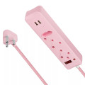 SWITCHED 3 Way Surge Protected Multiplug with Dual 2.4A USB Ports 0.5M Braided Cord Pink