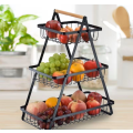 3-Levels Fruit &amp; Vegetable Storage Basket with Wooden Handle - Black
