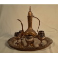 Asian Oriental Turkish Set 6 Brass goblets jug and tray