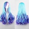 Long Wavy Cosplay Wigs Fake Bangs Blue  Women Wig Heat Resistant Synthetic Hair