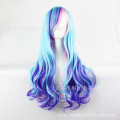 Long Wavy Cosplay Wigs Fake Bangs Blue  Women Wig Heat Resistant Synthetic Hair