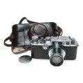 Leica IIIf 35mm film camera with Summar 5cm 1:2 lens case cap